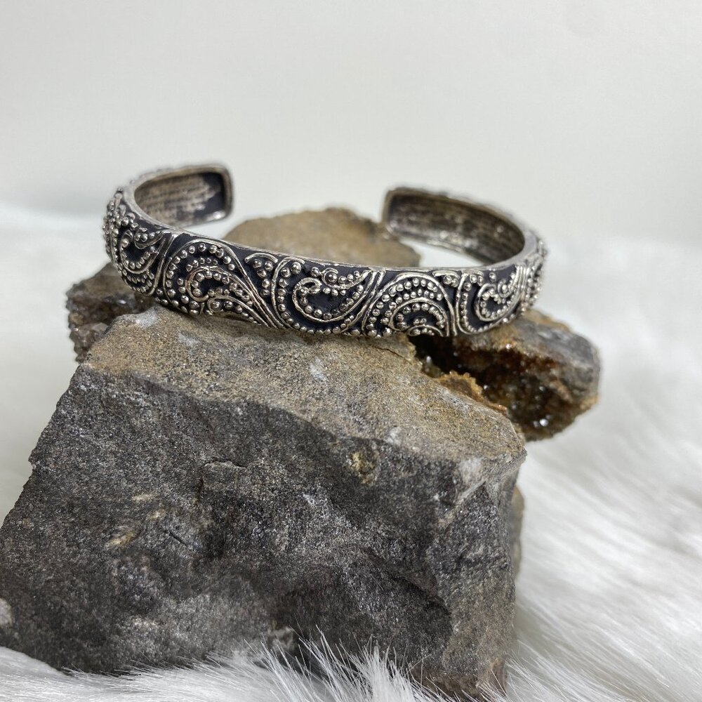 Silver Tone & Black Enamel Paisley Cuff Bracelet